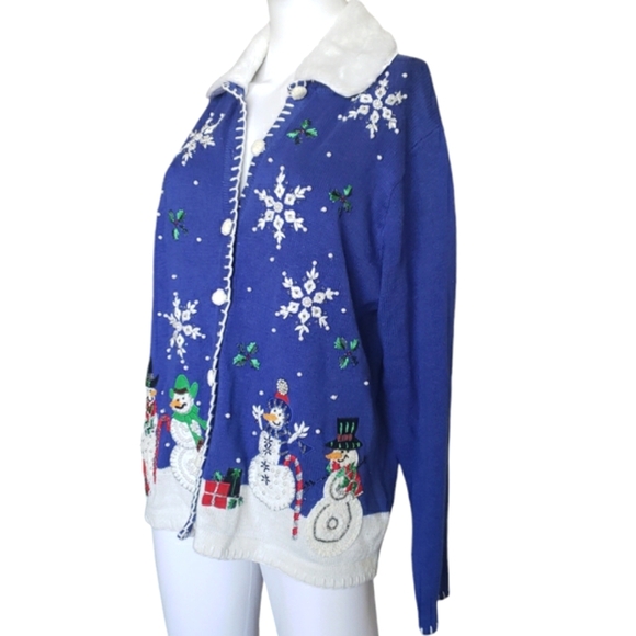 OHI Christmas Blue Sweater Beaded Snowman Snowflakes Detachable Fur Collar Sz XL - Picture 3 of 17